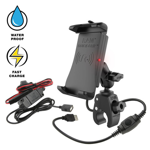 RAM-B-400-A-UN14W-V7M-1 - RAM QUICK-GRIP 15W WIRELESS WITH TOUGH CLAW MOUNT AND MOTORCYCLE HARDWIRE CHARGER